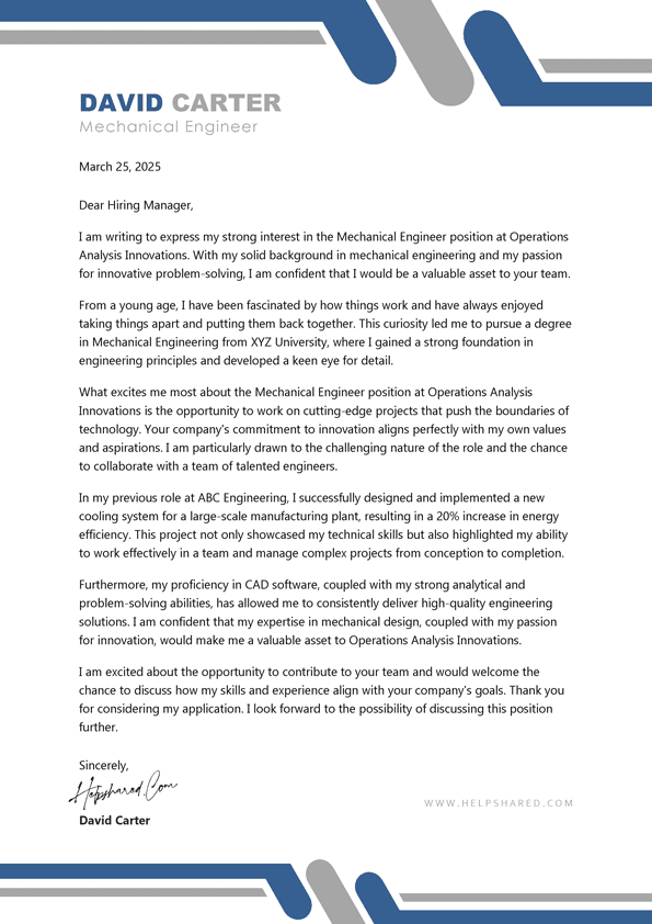 Mechanical Engineer cover letter